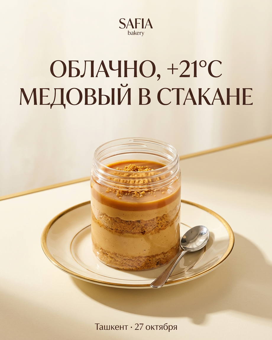 Баннер дня: Облачно, +21 °C. Медовый в стакане. Ташкент, 27 октября
